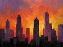 Schilderij van een stedelijke skyline tegen een felrode en paarse avondlucht