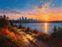 Landschapsschilderij, skyline over het water in gouden herfst