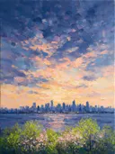 Landschapsschilderij, skyline over het water in vol licht