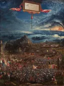 Slacht tussen Alexander en Darius in Issus van Albrecht Altdorfer: landschap met veldslag, leger, bergen en zonsondergang, in blauw met goudgeel