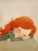 Slapend meisje met rood haar en sproeten, hoofd op armen