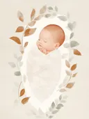 Schilderij met portret van slapende baby omringd door bladeren