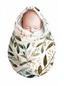 Schilderij van een slapende baby gewikkeld in een doek met bladmotief