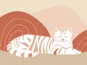 Schilderij van een slapende gestreepte kat tegen een terracotta achtergrond