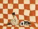 Schilderij van slapende hond in roest en crème, in vlakke kleurvlakken