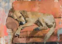 Impasto schilderij van een slapende hond op een roze bank