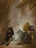 Slapende jongen in een schuur van François Ryckhals: interieur met schuur, jongen, pompoen en kool, in warm bruin