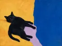 Schilderij van slapende kat in kobalt en saffraan, in vlakke kleurvlakken