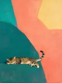 Schilderij van slapende kat in petrol en koraal, in vlakke kleurvlakken