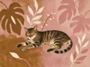 Schilderij van slapende kat in poederroze en bruin, in vlakke kleurvlakken