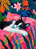 Schilderij van een slapende kat tussen tropische bloemen