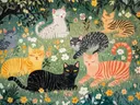 Schilderij van zeven katten die slapen in een bloemenveld