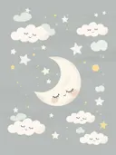 Illustratie van een slaperige maan tussen sterren en wolken