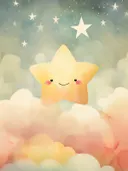 Illustratie van een gele lachende ster boven wolken in een pastelkleurige lucht met sterren.