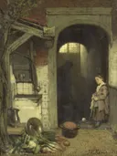Small Courtyard van Jacob Maris: interieur met poort, meisje, groenten en binnenplaats, in warm bruin en grijs