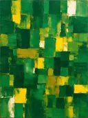 Abstract schilderij met het paletmes in smaragd en citroengeel