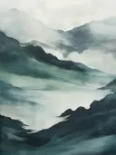 Waterverf landschap van een bergmeer omringd door smaragdgroene bergwanden.