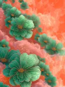 Schilderij van smaragdgroene bloemen tegen een roze-oranje wolkenlucht