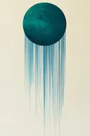 Abstract schilderij met een smaragdgroene bol waaruit dunne verticale lijnen naar beneden vallen