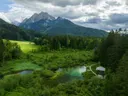 Luchtfoto van een smaragdgroen meertje omringd door bos met bergen op de achtergrond.