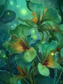 Schilderij van doorschijnende groene bloemen die gloeien in een nevelig woud