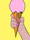 Pop-art illustratie van een hand die een smeltend roze ijshoorntje vasthoudt