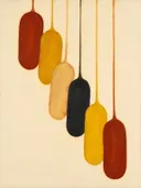 Smeltende kolommen in de stijl Textured Minimalism, in diep roest, mosterdgeel en romige crème, met een diepzwart accent