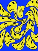 Surrealistische illustratie van smeltende gele smileygezichten op een blauwe achtergrond
