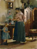 Snack Time van Gustav August Hessl: interieur met vrouw, meisje, kast en lamp, in warm bruin en groen
