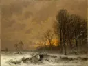 Sneeuwlandschap bij ondergaande zon van Louis Apol: landschap met winter, sneeuw, zonsondergang en bomen, in warm okergeel met grijs