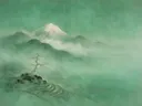 Sneeuwpieken in jade, mistig oosters landschap