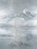 Sneeuwpieken in verweerd zilver, mistig oosters landschap