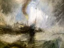 Sneeuwstorm - stoomboot bij de mond van een haven van J. M. W. Turner: zee met storm, sneeuw, stoomboot en golven, in gedempt grijs en wit