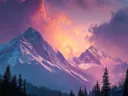 Schilderij van een besneeuwde bergtop in roze avondlicht