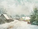 Schilderij van een besneeuwd dorp in de sneeuw