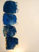 Abstract schilderij, snelle streken aan de linkerrand in delftsblauw en goud