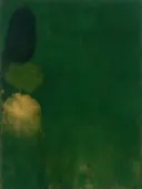 Abstract schilderij, snelle streken aan de linkerrand in diep bos