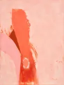 Abstract schilderij, snelle streken aan de linkerrand in koraal en poeder