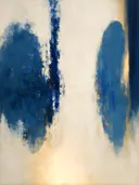Abstract schilderij, snelle streken aan de rechterrand in delftsblauw en goud