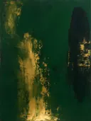 Abstract schilderij, snelle streken aan de rechterrand in diep bos