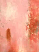 Abstract schilderij, snelle streken aan de rechterrand in koraal en poeder