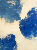 Abstract schilderij, snelle streken buiten beeld in delftsblauw en goud