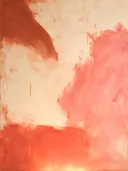 Abstract schilderij, snelle streken buiten beeld in koraal en poeder