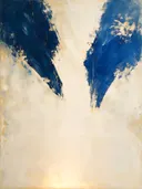 Abstract schilderij, snelle streken hoog in beeld in delftsblauw en goud