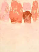 Abstract schilderij, snelle streken hoog in beeld in koraal en poeder