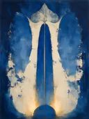 Abstract schilderij, snelle streken in het midden in delftsblauw en goud