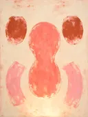Abstract schilderij, snelle streken in het midden in koraal en poeder