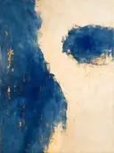 Abstract schilderij, snelle streken in twee massa's in delftsblauw en goud