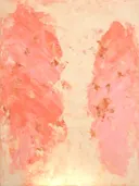 Abstract schilderij, snelle streken in twee massa's in koraal en poeder