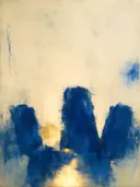 Abstract schilderij, snelle streken laag in beeld in delftsblauw en goud